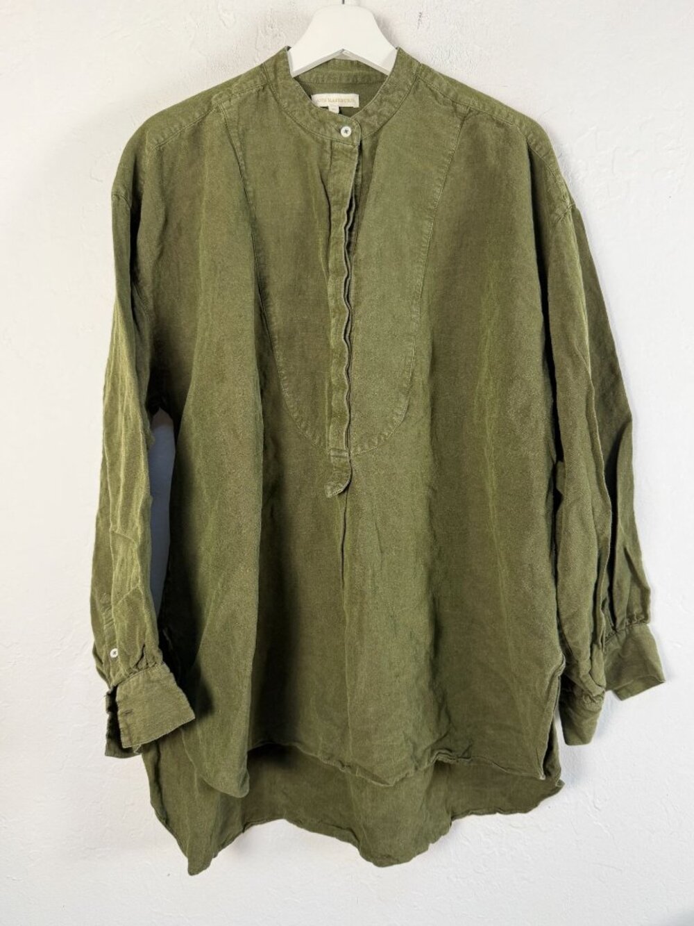 Ann Mashburn Tunic Women's Silk Linen Blend Olive Green Band Collar Shirt XL